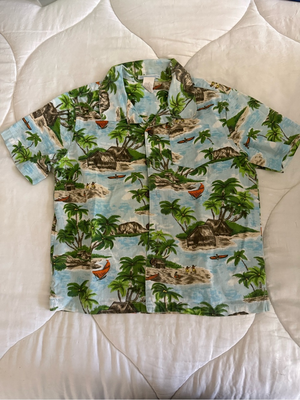 Tropical Island Print Short Sleeve Button-Up Shirt - Light Blue Green
